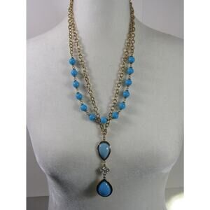 Gold‎ Tone Turquoise Bead Rhinestone 2 Tier Necklace 30" Boho Whimsical Y2K